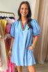 Chic Contrast Stripe Puff Sleeve Notched Neck Cotton Shift Dress